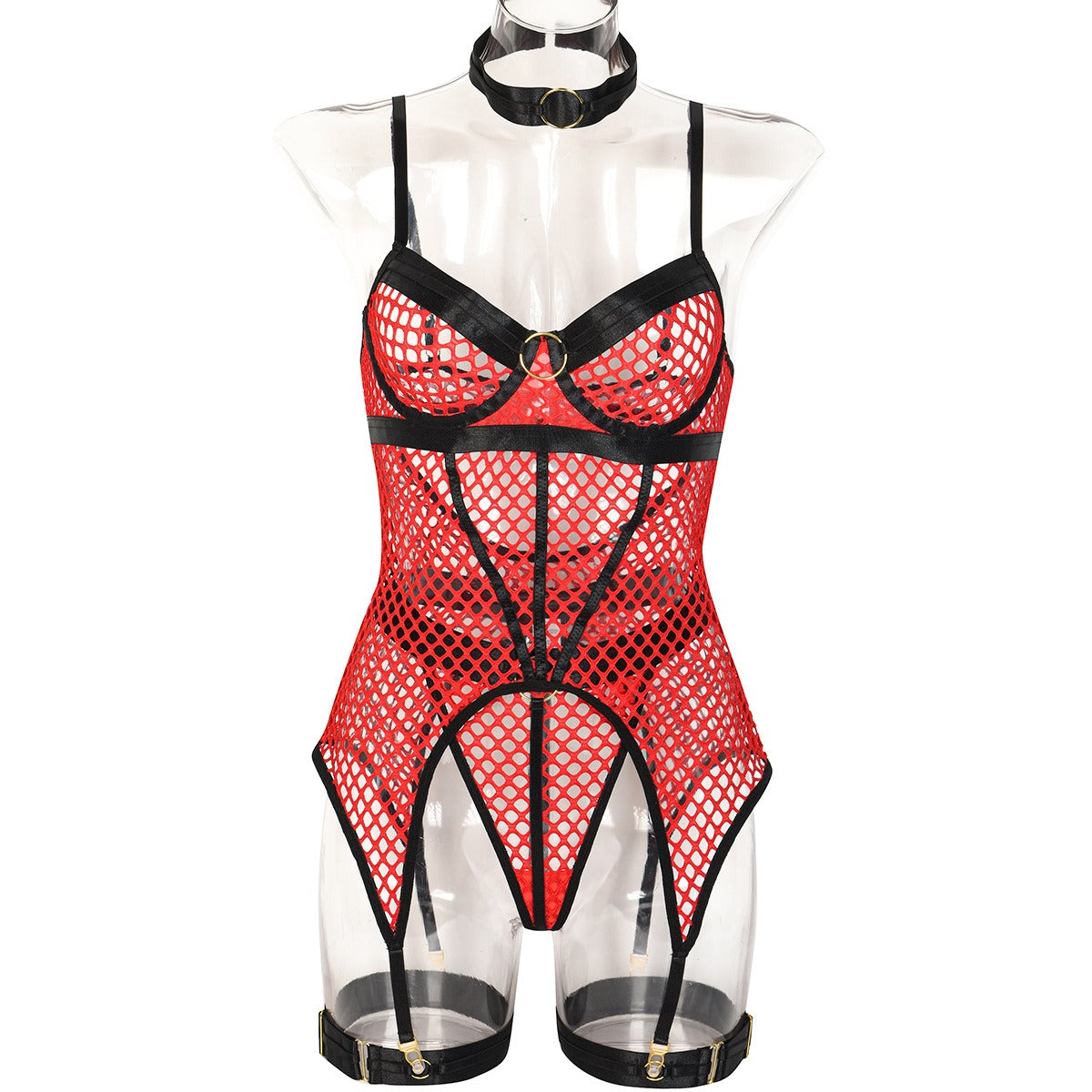 Fun Skirt 3 Piece Set of Quick Selling Popular Large Mesh Splice with Steel Ring Hanging Neck and Leg Ring Underwear 3367