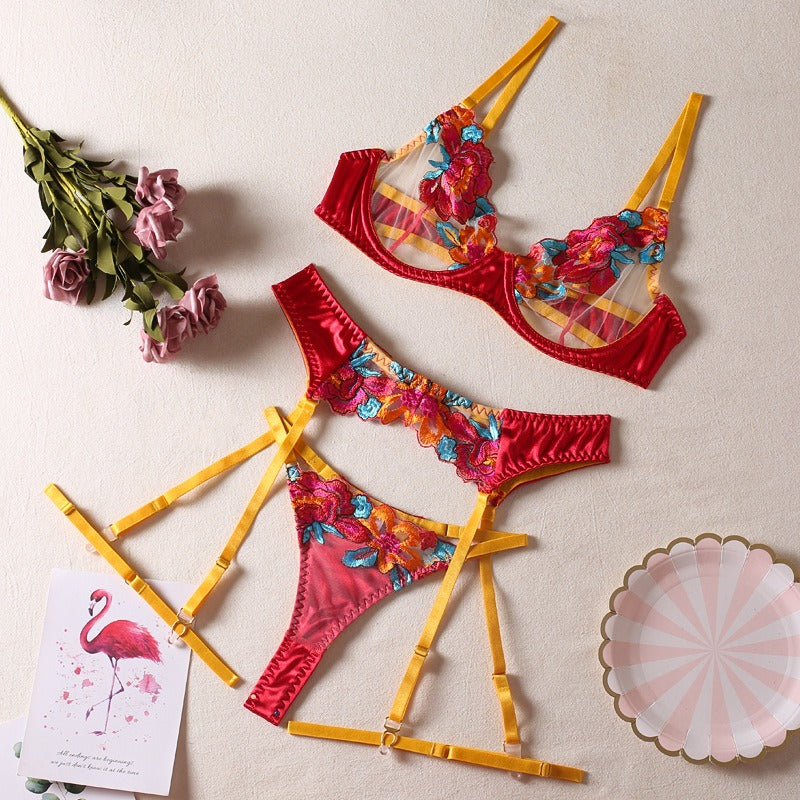 Sexy Patchwork Color Embroidery Large Floral Belt Underwire Bra Garter Leg Girt Thong Sexy Underwear Four-Piece Set