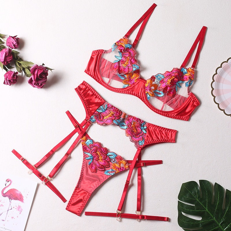 Sexy Patchwork Color Embroidery Large Floral Belt Underwire Bra Garter Leg Girt Thong Sexy Underwear Four-Piece Set