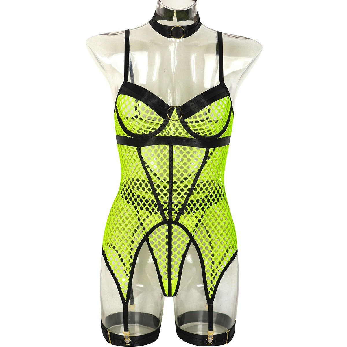 Fun Skirt 3 Piece Set of Quick Selling Popular Large Mesh Splice with Steel Ring Hanging Neck and Leg Ring Underwear 3367